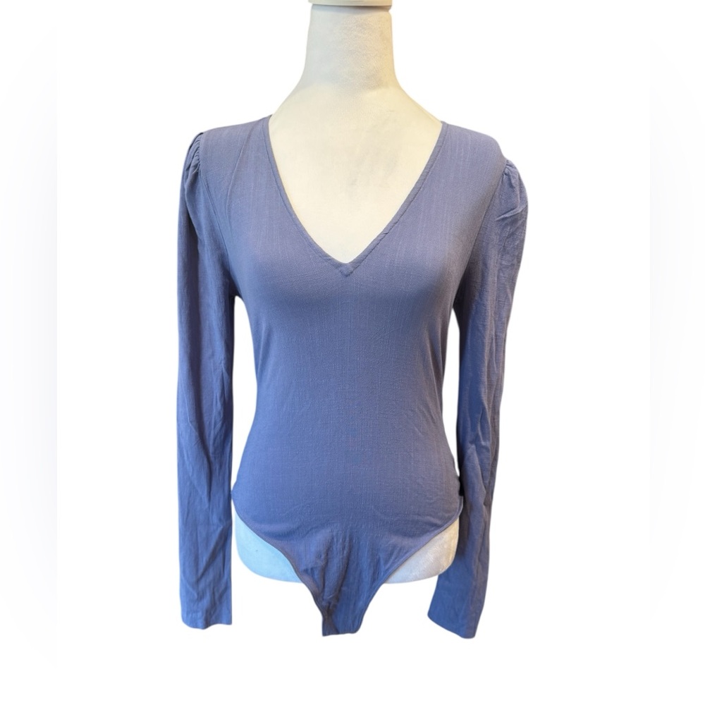 Free People Blue V-Neck Women's long sleeve bodysuit size S